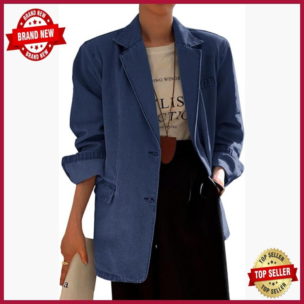 Lightweight Denim Blazer Jacket with Pockets, Oversized Fit for Office Casual